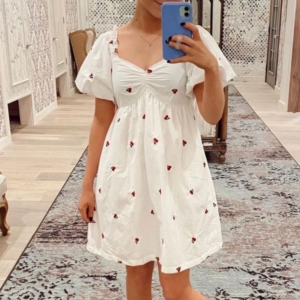 Altar'd State Dress Size S Cherry Poplin White Puffy Sleeve Midi Cottagecore